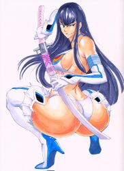 Rule 34 | 1girl, adapted costume, ass, bakuzan, bare shoulders, bikini, black hair, blue eyes, boots, breasts, elbow gloves, gloves, high heel boots, high heels, highres, holding, holding sword, holding weapon, huge ass, junketsu, kill la kill, kiryuuin satsuki, large breasts, long hair, looking at viewer, looking back, octavius (octavius dp), sheath, shoes, smile, solo, squatting, swimsuit, sword, thick thighs, thigh boots, thighs, traditional media, unsheathing, weapon, white background, white bikini, white gloves, wide hips