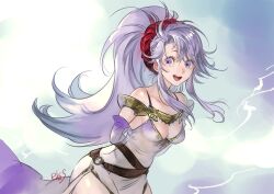 Rule 34 | 1girl, :d, arms behind back, bare shoulders, belt, breasts, cleavage, detached sleeves, dress, fire emblem, fire emblem: genealogy of the holy war, highres, light purple hair, long hair, looking at viewer, medium breasts, nintendo, open mouth, ponytail, purple eyes, sidelocks, signature, smile, solo, suzuki rika, tailtiu (fire emblem), teeth, upper teeth only