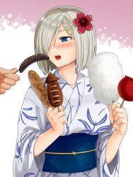 Rule 34 | 10s, 1girl, autumn, banana, banana popsicle, blue eyes, blush, breasts, candy apple, chocolate banana, corn, corn cob, cotton candy, flower, flower on head, food, fruit, giving, hair flower, hair ornament, hair over one eye, hairclip, hamakaze (kancolle), holding, holding food, ikayaki, japanese clothes, kantai collection, kimono, large breasts, long sleeves, looking to the side, open mouth, phallic symbol, sexually suggestive, short hair, silver hair, siro (91918632), solo focus, squid, yukata