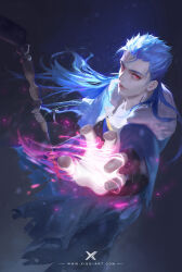 1boy absurdres artist_name black_pants black_sweater blue_background chinese_commentary closed_mouth commentary_request cowboy_shot cu_chulainn_(caster)_(fate) cu_chulainn_(fate) denim embers expressionless fate/grand_order fate_(series) fire fur-trimmed_hood fur_trim highres holding holding_staff hood hood_down hooded_jacket jacket jeans layered_sleeves lips long_sleeves looking_at_viewer male_focus open_clothes open_jacket outstretched_arm pale_skin pants pink_eyes pink_fire pink_lips pyrokinesis shirt short_over_long_sleeves short_sleeves solo staff starlab sweater thick_eyebrows torn_clothes torn_jeans torn_pants torn_sleeves watermark white_shirt