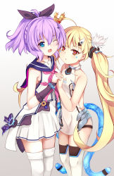 Rule 34 | 2girls, ;d, ahoge, aniqi, arm warmers, azur lane, bare arms, bare shoulders, black ribbon, blonde hair, blue eyes, blue sailor collar, blush, bracelet, breasts, brown eyes, chrisandita, collaboration, collarbone, commentary request, crown, dress, eldridge (azur lane), fingernails, gradient background, grey background, hair between eyes, hair ornament, hair ribbon, high ponytail, highres, holding hands, interlocked fingers, javelin (azur lane), jewelry, long hair, looking at viewer, mini crown, multiple girls, neckerchief, one eye closed, open mouth, parted lips, pink neckerchief, pleated skirt, purple hair, ribbon, sailor collar, shirt, skirt, sleeveless, sleeveless dress, sleeveless shirt, small breasts, smile, standing, tail, thighhighs, twintails, very long hair, white background, white dress, white legwear, white shirt, white skirt