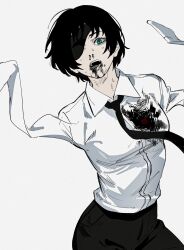 Rule 34 | 1girl, amputee, black hair, black necktie, black pants, blood, blood on clothes, blue eyes, chainsaw man, collared shirt, double amputee, eyepatch, highres, himeno (chainsaw man), looking at viewer, necktie, no arms, open mouth, pants, roru (lol dessin), shirt, shirt tucked in, short hair, simple background, solo, spoilers, sweat, white background, white shirt