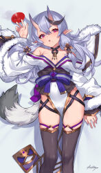 Rule 34 | 1girl, arpeggio kaga, black hair, black thighhighs, breasts, commentary request, cup, feet out of frame, fur-trimmed kimono, fur trim, highres, hikimayu, horns, japanese clothes, kimono, long hair, looking at viewer, lying, medium breasts, mole, mole under mouth, multicolored hair, nijisanji, obi, on back, oni, open mouth, pelvic curtain, pink eyes, pointy ears, purple hair, rindou mikoto, sakazuki, sash, short kimono, skin-covered horns, solo, tail, thighhighs, two-tone hair, virtual youtuber, white kimono
