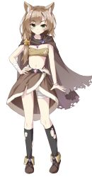 Rule 34 | 1girl, :3, alternate costume, animal ear fluff, animal ears, arm at side, bandaged arm, bandaged leg, bandages, black socks, bracelet, breasts, brown cloak, brown footwear, brown skirt, cloak, closed mouth, commentary, cross-laced footwear, eyelashes, eyes visible through hair, fang, fingernails, full body, fur-trimmed skirt, fur trim, gem, green eyes, hair between eyes, hair ornament, hand on own hip, highres, jewelry, legs, light blush, looking at viewer, mikuni sairi, navel, necklace, open hand, purple gemstone, ring, sesen2000, side ponytail, simple background, skirt, small breasts, smile, socks, solo, standing, star (symbol), star hair ornament, stomach, straight-on, tail, tenshi souzou re-boot!, torn clothes, torn skirt, torn socks, upturned eyes, white background, wolf ears, wolf girl, wolf tail