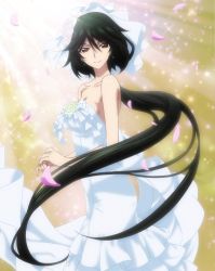 Rule 34 | 10s, 1girl, absurdly long hair, absurdres, black hair, breasts, brown eyes, cleavage, collarbone, dress, earrings, floating hair, from behind, hair ornament, highres, infinite stratos, jewelry, long hair, looking at viewer, medium breasts, non-web source, orimura chifuyu, own hands together, petals, ponytail, sleeveless, sleeveless dress, smile, solo, standing, strapless, strapless dress, very long hair, wedding dress, white dress