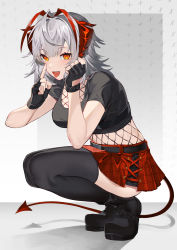 Rule 34 | 1girl, ambience synesthesia, antenna hair, arknights, black footwear, black gloves, black shirt, black thighhighs, blush, boots, crop top, demon girl, demon horns, demon tail, fingerless gloves, fishnets, full body, gloves, gradient background, grey background, hati105, highres, horns, index finger raised, knee boots, long hair, looking at viewer, miniskirt, multicolored hair, open mouth, orange eyes, plaid, plaid skirt, pleated skirt, red hair, red skirt, shirt, short sleeves, silver hair, skirt, slit pupils, smile, solo, squatting, tail, thighhighs, tongue, tongue out, two-tone hair, w (arknights)