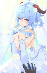 Rule 34 | 1girl, absurdres, ahoge, alternate costume, back, backless outfit, bare shoulders, blue hair, blush, bow, breasts, czk, dress, from behind, ganyu (genshin impact), genshin impact, gloves, highres, horns, long hair, looking at viewer, looking back, medium breasts, pov, pov hands, purple eyes, sidelocks, smile, wedding dress, white dress, white gloves