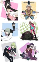 Rule 34 | absurdres, ahoge, akamatsu kaede, amami rantaro, angel wings, animal ear headwear, animal ears, antenna hair, arm belt, arm on another&#039;s shoulder, armband, arrow (projectile), backpack, bag, ball, bandaged hand, bandages, bare arms, bare pectorals, bare shoulders, barefoot, beanie, belt, black belt, black collar, black corset, black eyes, black footwear, black gloves, black hair, black hat, black jacket, black pants, black scarf, black skirt, black sleeves, black vest, blazer, blonde hair, blood, blood on clothes, blood trail, blue eyes, blue hair, blue pants, blue pantyhose, blue shirt, blue sleeves, boots, bow, brown-framed eyewear, brown hair, brown jacket, brown necktie, brown skirt, brown sleeves, buttons, cabbie hat, cat ears, chabashira tenko, chain, checkered clothes, checkered scarf, chest belt, clenched teeth, closed eyes, closed mouth, collar, collared jacket, corset, crawling, cropped jacket, crucifixion, crying, crying with eyes open, danganronpa (series), danganronpa v3: killing harmony, dark-skinned female, dark-skinned male, dark skin, denim, denim shorts, double-breasted, evil smile, expressionless, eyelashes, eyes visible through hair, fake animal ears, finger to own chin, frilled vest, frills, gakuran, genderswap, genderswap (ftm), genderswap (mtf), gloves, goggles, goggles on head, gokuhara gonta, green eyes, green hair, green jacket, grey shirt, grey shorts, hair between eyes, hair bow, hair over eyes, hair over face, hair over one eye, hair spread out, halo, harukawa maki, hat, head-mounted display, high collar, high heel boots, high heels, highres, holding, holding goggles, holding hands, holding tennis racket, hood, hood down, hooded jacket, hoshi ryoma, imoni (1110), injury, interlocked fingers, iruma miu, jacket, jewelry, knee boots, kneeling, lap pillow, leaning forward, leather, leather jacket, leg belt, long hair, long skirt, long sleeves, looking at another, lying, magic circle, medium hair, miniskirt, momota kaito, motion lines, multiple belts, murder, navel, necktie, nervous sweating, no headwear, o-ring, o-ring belt, oma kokichi, on back, on side, open clothes, open jacket, open mouth, orange necktie, outline, outstretched arms, own hands clasped, own hands together, paintbrush, pants, pantyhose, parted bangs, pectoral cleavage, pectorals, pendant, pink belt, pink blood, pink jacket, pink pants, pink sleeves, pink vest, pinstripe jacket, pinstripe pattern, pinstripe skirt, pleated skirt, pool of blood, praying, purple hair, purple jacket, purple necktie, purple pants, purple skirt, purple sleeves, reaching, red armband, red jacket, red sleeves, ribbon, role reversal, rope, round eyewear, saihara shuichi, sailor collar, scarf, school uniform, shaded face, shinguji korekiyo, shirogane tsumugi, shirt, short hair, shorts, skirt, sleeveless, sleeveless shirt, slippers, smile, smirk, smoking, spoilers, starry sky print, straight hair, streaming tears, striped clothes, striped pants, striped shirt, sweat, tank top, tearing up, tears, teeth, third-party source, toes, tojo kirumi, torn clothes, torn shirt, two-tone pants, two-tone scarf, v-neck, vertical-striped sleeves, very long hair, vest, wet, white bag, white bow, white hair, white outline, white ribbon, white sailor collar, white scarf, white shirt, white sleeves, white tank top, wide-eyed, wings, yellow eyes, yellow jacket, yellow sleeves, yonaga angie