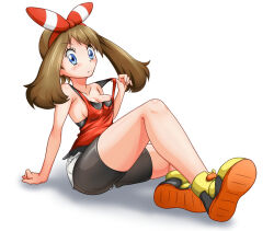 Rule 34 | 1girl, areola slip, bare shoulders, bike shorts, bike shorts under shorts, black shorts, blue eyes, blush, bow, breasts, brown hair, cleavage, clothes lift, creatures (company), full body, game freak, hair bow, looking at viewer, may (pokemon), medium breasts, nintendo, ossannoa, pokemon, pokemon oras, red bow, red shirt, shirt, shirt lift, shoes, shorts, sideboob, sitting, sleeveless, sleeveless shirt, solo, sweatdrop, white background, white shorts, yellow footwear