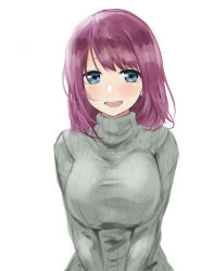 Rule 34 | 1girl, :d, bad id, bad pixiv id, blue eyes, blush, breasts, grey sweater, large breasts, long hair, long sleeves, looking at viewer, miyako (miyako lplover), multicolored hair, open mouth, original, purple hair, simple background, sketch, smile, solo, streaked hair, sweater, tareme, upper body, white background