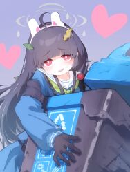 Rule 34 | 1girl, ahoge, animal ears, atsubakutaro, black gloves, black hair, blue archive, blue shirt, blunt bangs, bright pupils, fake animal ears, gloves, green neckerchief, heart, highres, holding trash can, leaf, leaf on head, long hair, long sleeves, looking at viewer, miyu (blue archive), neckerchief, open mouth, rabbit ears, red eyes, shirt, smile, solo, trash can, white pupils