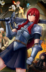 2girls 4boys armor artist_name artstation_logo artstation_username black_hair blue_skirt breastplate brown_eyes cana_alberona elfman_strauss erza_scarlet fairy_tail fighting fire gajeel_redfox gauntlets gray_fullbuster happy_(fairy_tail) highres holding holding_sword holding_weapon indoors instagram_logo instagram_username long_hair multiple_boys multiple_girls natsu_dragneel over_shoulder pauldrons pencilequipped pleated_skirt plue red_hair shirt shoulder_armor skirt solo_focus spiked_hair sword tankard weapon weapon_over_shoulder white_shirt
