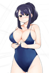 Rule 34 | 1girl, blush, breasts, cleavage, clothes pull, competition school swimsuit, highres, huge breasts, looking at viewer, moru (monaka), one-piece swimsuit, one-piece swimsuit pull, ponytail, purple eyes, purple hair, school swimsuit, solo, swimsuit, white background