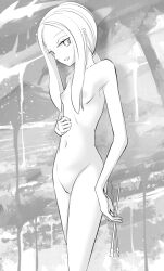 Rule 34 | 1girl, breasts, cleft of venus, collarbone, completely nude, cowboy shot, creatures (company), female focus, game freak, greyscale, groin, hair tie, half-closed eyes, happy, highres, holding, holding paintbrush, long hair, looking at viewer, low ponytail, mina (pokemon), monochrome, navel, nintendo, nipples, nude, open mouth, paintbrush, parted bangs, pokeeti, pokemon, pokemon sm, ponytail, pussy, sidelocks, small breasts, smile, solo, splatter background, standing, stomach, thighs, uncensored