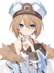 Rule 34 | 1girl, bare shoulders, blanc (neptunia), blue eyes, brown hair, buran buta, coat, dress, finger to mouth, flat chest, hair between eyes, hat, highres, looking at viewer, neptune (series), short hair, simple background, solo, upper body, white background, white dress, white hat