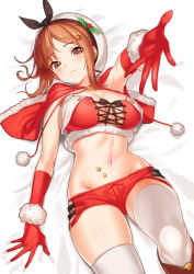 Rule 34 | 1girl, atelier (series), atelier ryza, atelier ryza 1, bed sheet, breasts, brown eyes, brown hair, capelet, christmas, closed mouth, clothing cutout, commentary request, cross-laced clothes, cross-laced cutout, gloves, green322, hair ornament, hairclip, hat, highres, ladder cutout, large breasts, looking at viewer, lying, midriff, navel, on back, red gloves, red shorts, reisalin stout, revision, short hair, short shorts, shorts, side-tie shorts, solo, thighhighs, white hat, white thighhighs