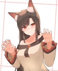 Rule 34 | 1girl, absurdres, animal ears, breasts, brown hair, claw pose, dress, grin, highres, imaizumi kagerou, long sleeves, looking at viewer, medium breasts, off-shoulder dress, off shoulder, pollux368, red eyes, simple background, smile, solo, teeth, touhou, upper body, white background, white dress, wolf ears, wolf girl