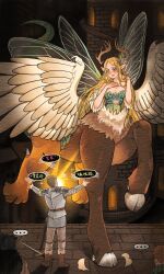 1girl 3boys absurdres blonde_hair blush brown_hair chilchuck_tims chilchuck_tims_(tallman) dayaner622 dungeon_meshi feathered_wings highres hooves laios_touden long_hair looking_at_another marcille_donato monster_girl multiple_boys senshi_(dungeon_meshi) very_long_hair wings