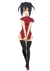 Rule 34 | 1girl, :o, alternate costume, bad id, bad pixiv id, black hair, black thighhighs, blush, brown eyes, china dress, chinese clothes, covering privates, covering crotch, double bun, dress, embarrassed, full body, hair bun, high heels, k-on!, legs, long hair, nakano azusa, nonono (1399900), open mouth, pumps, short twintails, skirt, solo, standing, thighhighs, transparent background, twintails, v arms