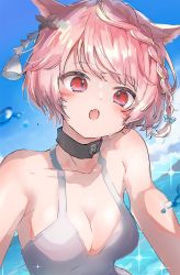 Rule 34 | 1girl, :o, animal ears, bare shoulders, blue sky, blush, braid, breasts, cleavage, cloud, collarbone, commentary, commission, day, dress, facial mark, fang, highres, looking at viewer, medium breasts, open mouth, original, outdoors, pink hair, red eyes, sha2mo, short hair, skeb commission, sky, sleeveless, sleeveless dress, solo, upper body, water, water drop, whisker markings, white dress