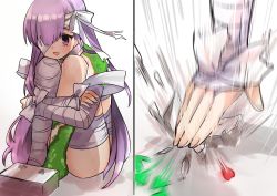 Rule 34 | 1girl, 2koma, bandages, bandage over one eye, bandaged arm, bandaged leg, bandages, bongo cat, comic, fate/grand order, fate (series), giant, giantess, kingprotea (fate), long hair, mojimi moji, moss, motion lines, open mouth, purple eyes, purple hair, simple background, sitting, solo, twitter, very long hair, white background