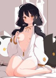 Rule 34 | 1girl, ahoge, animal hood, bandaid, bandaids on nipples, bare legs, black hair, breasts, closed mouth, commission, drone, elsword, eve (2nas) (elsword), eve (elsword), facial mark, hair ornament, hair over shoulder, hand up, highres, hood, hooded jacket, jacket, long hair, long sleeves, looking at viewer, low twintails, moby (elsword), navel, open clothes, open jacket, orange eyes, partially unzipped, pasties, puffy long sleeves, puffy sleeves, remy (elsword), second-party source, sitting, slippers, small breasts, smile, solo, thighs, twintails, w.k, wariza, white jacket, zipper
