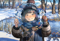 Rule 34 | 1girl, beanie, black hair, black hat, blue scarf, blunt bangs, blush, bob cut, brown eyes, brown hat, coat, day, film grain, grin, hat, heart, holding, ice, leaf, long sleeves, looking at viewer, mittens, mole, mole under eye, original, outdoors, pom pom (clothes), pond, sasumata jirou, scarf, short hair, single mitten, slide, smile, snow, solo, swing, tree, twitter username, water, winter, winter clothes