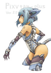 Rule 34 | 1girl, :o, android, bad id, bad pixiv id, blue eyes, blue hair, cropped legs, elbow gloves, from side, gloves, leotard, matching hair/eyes, original, pixiv, profile, robot ears, short hair, sideways mouth, solo, suzuno (bookshelf), tail, thighhighs