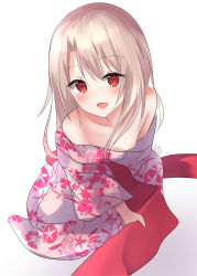 Rule 34 | 1girl, absurdres, blush, breasts, commentary request, fate/kaleid liner prisma illya, fate (series), floral print, highres, illyasviel von einzbern, japanese clothes, kimono, looking at viewer, natsu (sinker8c), nipples, obi, off shoulder, official alternate costume, open mouth, red eyes, sash, simple background, sitting, small breasts, smile, solo, white background, white hair, yukata