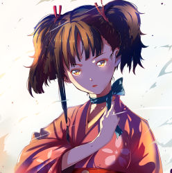 Rule 34 | 10s, 1girl, absurdres, brown hair, choker, highres, japanese clothes, kimono, koutetsujou no kabaneri, looking at viewer, lucky (1045044604), mumei (kabaneri), ribbon choker, short hair, solo, twintails, white background, yellow eyes