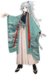 Rule 34 | 1girl, aqua kimono, black socks, closed mouth, fate/grand order, fate/samurai remnant, fate (series), full body, green eyes, hakama, hakama skirt, haori, highres, japanese clothes, katana, kimono, long hair, official art, okobo, open clothes, ponytail, sandals, sheath, sheathed, skirt, socks, solo, sword, transparent background, wataru rei, weapon, white hair, white hakama, wide sleeves, yui shousetsu (fate)