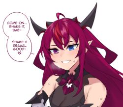 Rule 34 | 1girl, blue eyes, blush, dasdokter, detached sleeves, english text, heterochromia, hololive, hololive english, horns, irys (hololive), long hair, multicolored hair, pointy ears, purple eyes, purple hair, red hair, solo, sweat, virtual youtuber