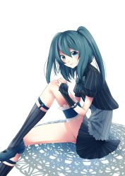 Rule 34 | 1girl, absurdres, hatsune miku, highres, kneehighs, mary janes, masumofu, shoes, simple background, sitting, smile, socks, solo, striped clothes, striped socks, vertical-striped clothes, vertical-striped socks, vocaloid, white background