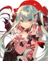 Rule 34 | 1girl, aqua eyes, aqua hair, black bow, black skirt, bow, closed mouth, commentary, demon tail, fang, hair bow, hatsune miku, highres, jewelry, long hair, long sleeves, looking at viewer, pink shirt, puffy long sleeves, puffy sleeves, ring, shirt, shu (pjxv7485), skirt, smile, solo, sparkle, tail, twintails, vampire (vocaloid), very long hair, vocaloid