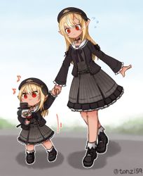 Rule 34 | 1girl, 2girls, :d, aged down, beret, black cardigan, black hat, blonde hair, cardigan, chibi, commission, dark-skinned female, dark skin, dress, dual persona, elf, flying sweatdrops, full body, grey dress, hat, holding hands, hololive, kintsuba (shiranui flare), long hair, looking at viewer, multiple girls, open mouth, pointy ears, sailor collar, sailor dress, shiranui flare, shiranui flare (street), short dress, skeb commission, smile, solo, tonton (tonz159), twitter username, virtual youtuber