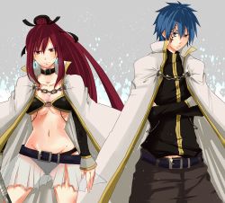 Rule 34 | 1boy, 1girl, bikini, bikini top only, blue eyes, blue hair, breasts, cape, chain, cleavage, couple, crossed arms, earrings, erza scarlet, fairy tail, grey background, holding, holding weapon, jellal fernandes, jewelry, large breasts, looking at viewer, ponytail, red eyes, red hair, see-through, spiked hair, tattoo, torn clothes, underboob, weapon