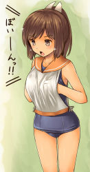 Rule 34 | 10s, 1girl, :o, aaru (tenrake chaya), blush, brown eyes, brown hair, cowboy shot, flat chest, hands on own chest, highres, i-401 (kancolle), kantai collection, open mouth, ponytail, sailor collar, school swimsuit, short hair, solo, sparkle, swimsuit, swimsuit under clothes