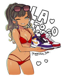 Rule 34 | 1girl, ;), air jordan 1, bikini, breasts, brown eyes, brown hair, commentary request, cropped legs, eyewear on head, holding, holding shoes, looking at viewer, mago, nail polish, navel, nike (company), one eye closed, original, ponytail, purple nails, red bikini, shoes, small breasts, smile, sneakers, solo, sunglasses, sunglasses on head, swimsuit, tan