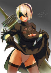 Rule 34 | 1girl, blonde hair, breasts, cameltoe, cleavage, cleavage cutout, clothing cutout, covered eyes, dated, dress, female focus, hairband, large breasts, nier (series), nier:automata, short hair, solo, standing, sword, weapon, 2b (nier:automata)