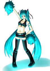Rule 34 | 1girl, absurdres, aqua eyes, aqua hair, arm up, armband, bad id, bad pixiv id, belt, boots, breasts, cheerleader, cleavage, hand on own hip, hatsune miku, highres, hip focus, knee boots, long hair, midriff, navel, pigeon-toed, pom pom (cheerleading), short shorts, shorts, solo, thighhighs, twintails, very long hair, vocaloid, yuuzuki (re&#039;ef)
