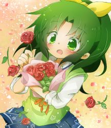 Rule 34 | 10s, 1girl, :o, blush, bouquet, bow, dane2424, flower, green eyes, green hair, green sweater vest, hair bow, holding, holding flower, matching hair/eyes, midorikawa nao, petals, precure, ribbon, rose, skirt, sleeves rolled up, smile precure!, solo, sweater vest