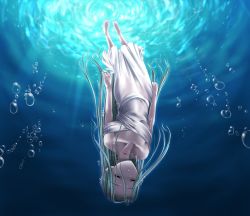 Rule 34 | 1girl, barefoot, blue hair, bubble, collarbone, dress, closed eyes, green hair, jewelry, long hair, miyai sen, necklace, original, pendant, pointy ears, solo, underwater, upside-down, wet, wet clothes, white dress
