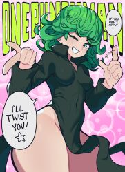 Rule 34 | 1girl, absurdres, black dress, breasts, collarbone, copyright name, covered navel, cowboy shot, curly hair, dress, english text, flipped hair, green eyes, green hair, grin, hands up, highres, medium breasts, medium hair, no panties, one-punch man, one eye closed, out of character, pink background, shiny skin, side slit, slammo, smile, solo, speech bubble, tan, tanline, tatsumaki, teeth