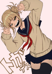 Rule 34 | 1girl, absurdres, bags under eyes, black thighhighs, blonde hair, blue sailor collar, blue skirt, blunt bangs, boku no hero academia, cachi lo, cardigan, claw pose, crazy smile, double bun, fangs, fingernails, hair bun, hair up, hands up, highres, looking at viewer, messy hair, narrowed eyes, neckerchief, open mouth, pleated skirt, red neckerchief, sailor collar, school uniform, serafuku, sharp fingernails, sidelocks, simple background, skirt, smile, socks, solo, standing, tan background, teeth, thighhighs, toga himiko, uniform, yellow cardigan, yellow eyes
