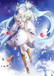 Rule 34 | 1girl, blue eyes, blue hair, boots, capelet, hatsune miku, knee boots, kyer, lily of the valley, long hair, matching hair/eyes, snow, snowflake print, snowman, solo, twintails, very long hair, vocaloid, yuki miku