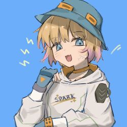 Rule 34 | 1girl, absurdres, animification, apex legends, bian tobin, black shirt, blonde hair, blue background, blue hair, blue hat, bucket hat, colored tips, fingerless gloves, gloves, gold choker, hat, highres, hood, hood down, hoodie, looking at viewer, multicolored hair, notice lines, open mouth, pink hair, shirt, smile, solo, wattson (apex legends), white hoodie