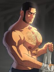 1boy abs armpit_hair bandaged_hand bandages bara black_hair chest_hair closed_mouth facial_hair facial_scar golden_kamuy large_pectorals looking_at_viewer male_focus muscular muscular_male navel nipples nopinzo pectorals scar scar_on_cheek scar_on_face short_hair solo tanigaki_genjirou topless_male twitter_username