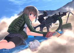 Rule 34 | 1girl, ammunition backpack, ammunition belt, ammunition chute, backpack, bad id, bad pixiv id, bag, bike shorts, brown hair, chips (food), commentary, dreadtie, dust cloud, eating, food, gun, highres, ironman (ammunition backpack), looking at viewer, lying, machine gun, mouth hold, on stomach, original, outdoors, pkp pecheneg, potato chips, safety glasses, short hair, solo, weapon