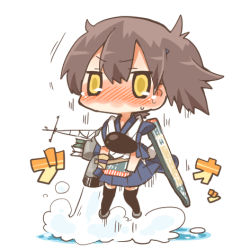 Rule 34 | 10s, 1girl, arrow (projectile), blush, brown hair, chibi, flight deck, floating, kaga (kancolle), kantai collection, levitation, long hair, lowres, muneate, personification, quiver, rebecca (keinelove), side ponytail, skirt, solo, yellow eyes