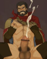 Rule 34 | 1boy, bara, beard, censored, cum, ejaculation, erection, facial hair, highres, hrio, league of legends, graves (league of legends), male focus, nipples, orgasm, penis, sitting, solo, testicles